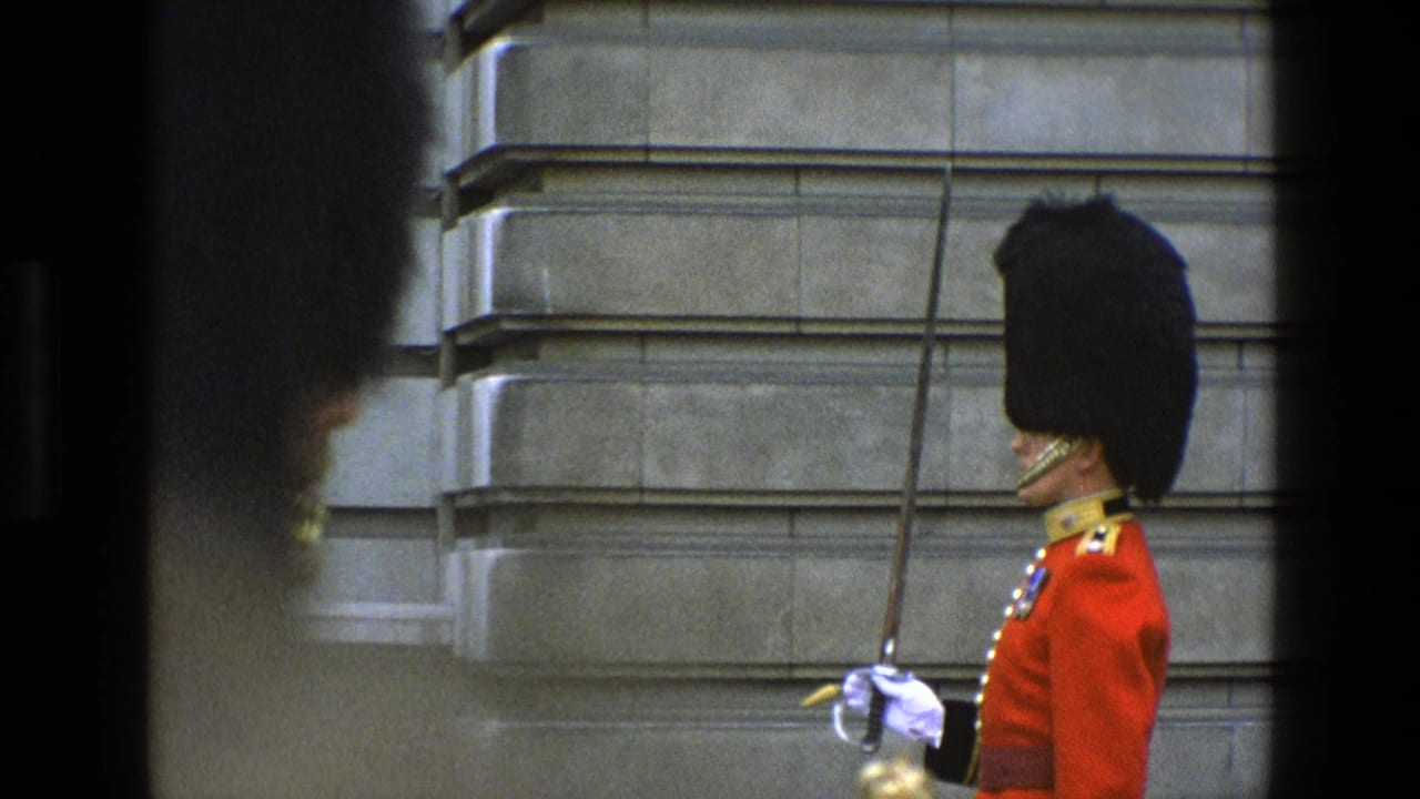 Guard in red ceremonial uniform stands in profile with a sword against a stone facade.