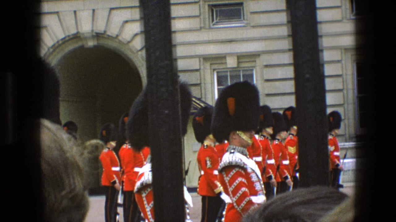 Queen's Guard soldiers in red uniforms stand near Buckingham Palace behind dark foreground bars.