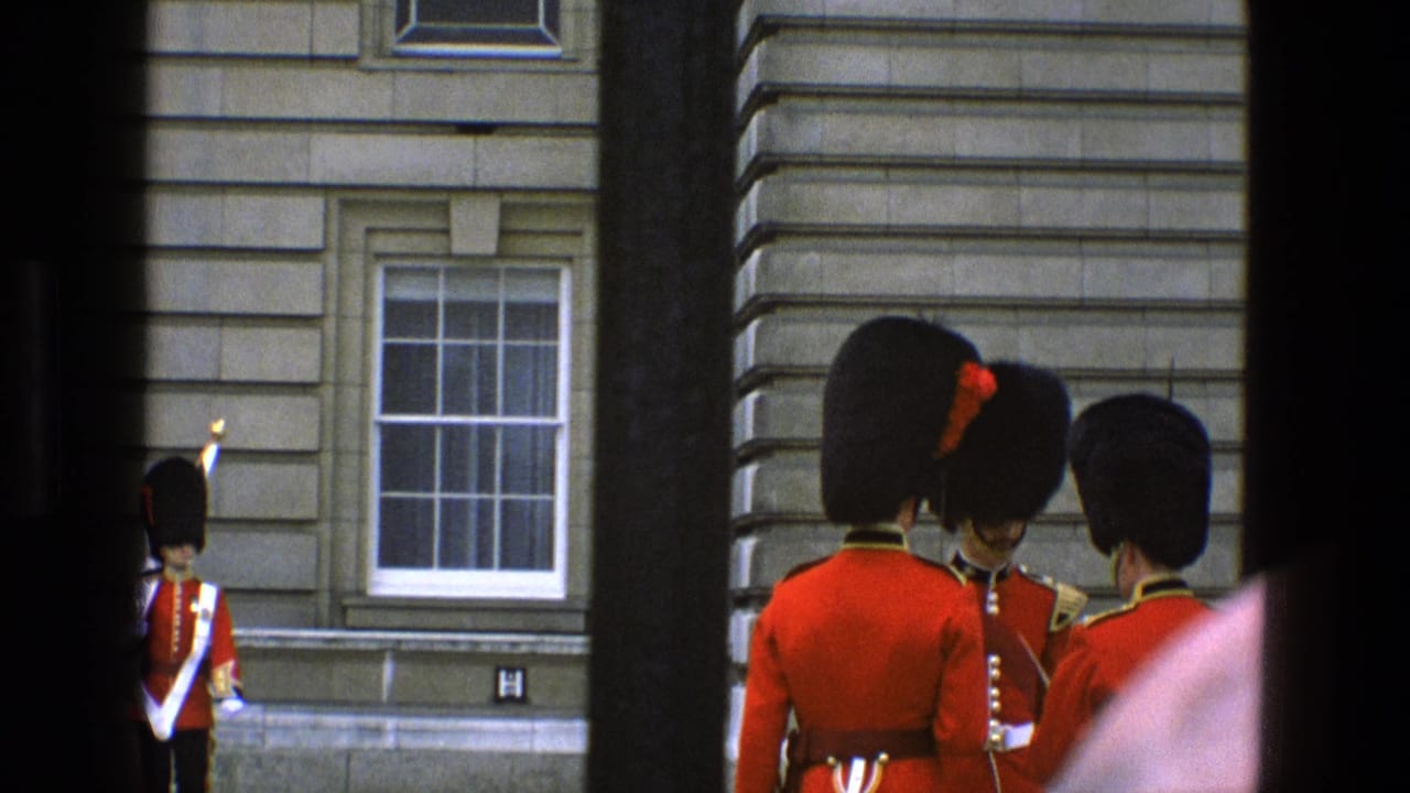 A Buckingham Palace guard with a raised sword is framed between gate bars, with other red-uniformed guards partly visible nearby.