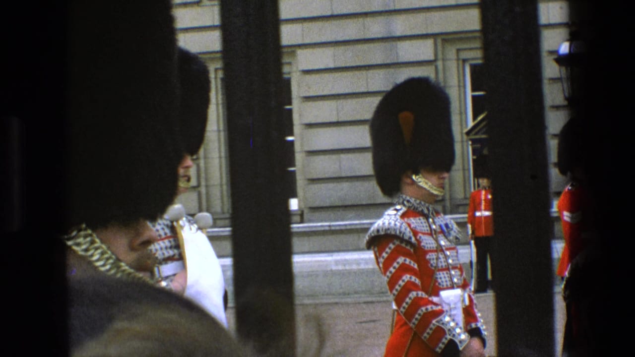 British ceremonial guards in red uniforms seen through dark vertical railings.