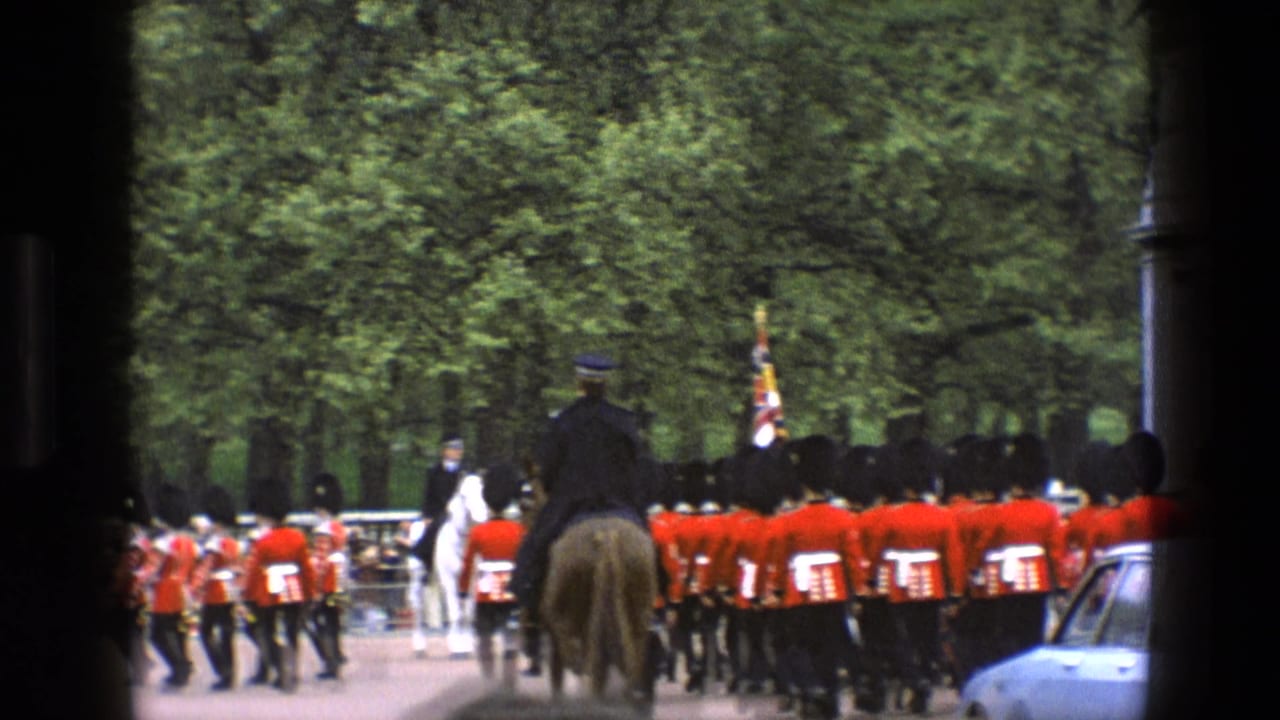 Guards in red tunics march along a tree-lined road as spectators watch from behind foreground obstructions.