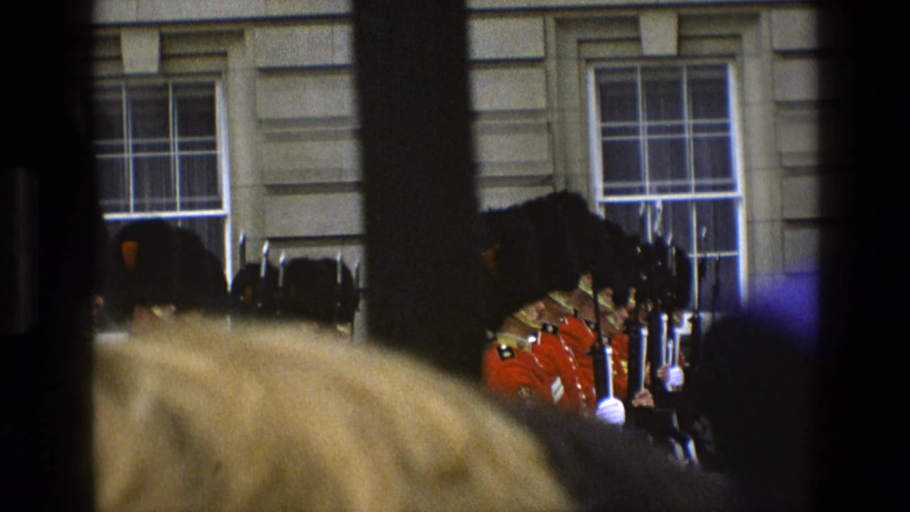 Guards in red tunics and bearskin hats stand beside a stone building facade.