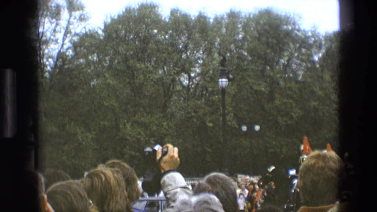 Crowd with raised cameras faces uniformed guards near trees.