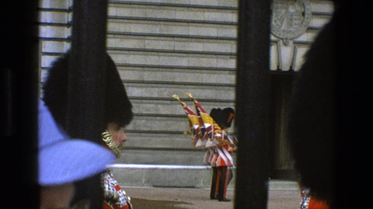 Ceremonial guards and a Union Jack flag visible beyond dark vertical barriers and spectators.