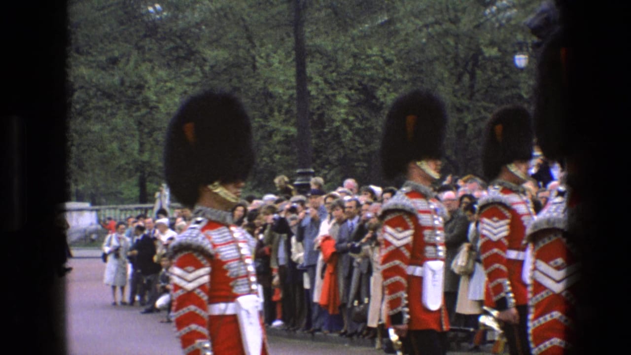 Grenadier Guards in red tunics and bearskin hats stand before a crowd near trees.