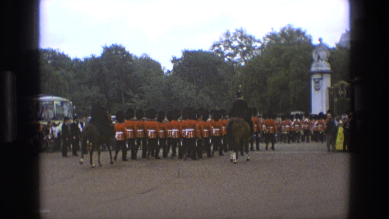 Guards in red coats stand in formation near mounted riders and spectators by formal gates.