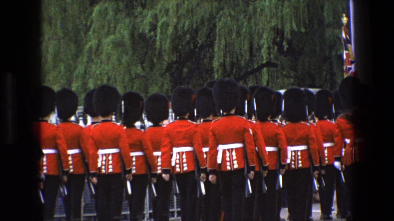 Rows of British guards in red tunics and tall black hats seen from behind gate bars.