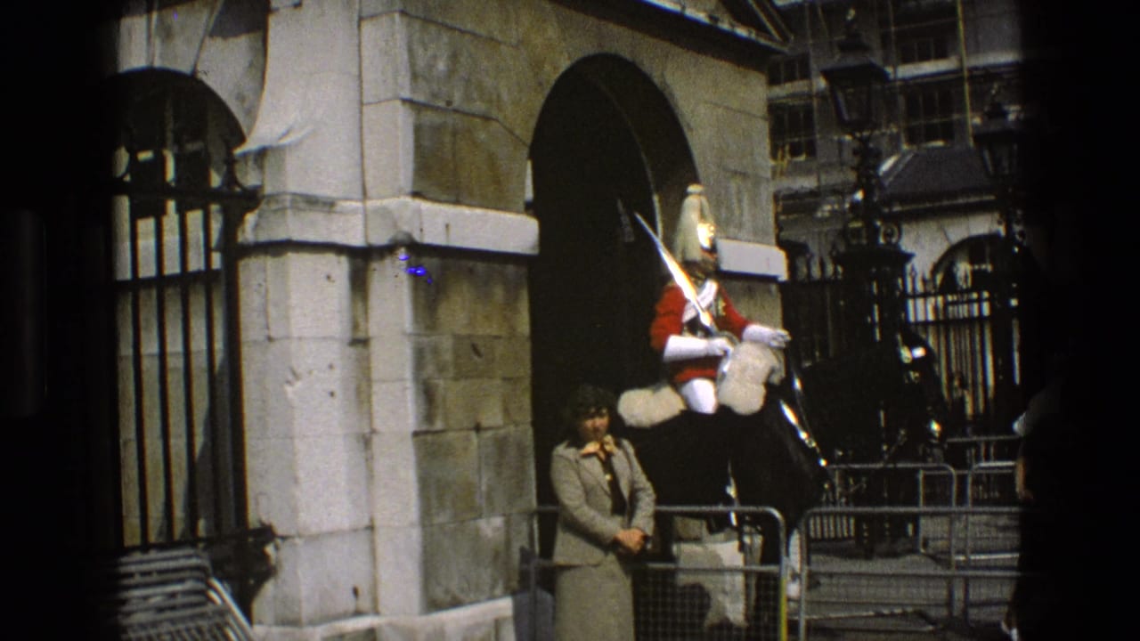 Mounted ceremonial guard beside a stone archway with a woman standing near metal barriers.