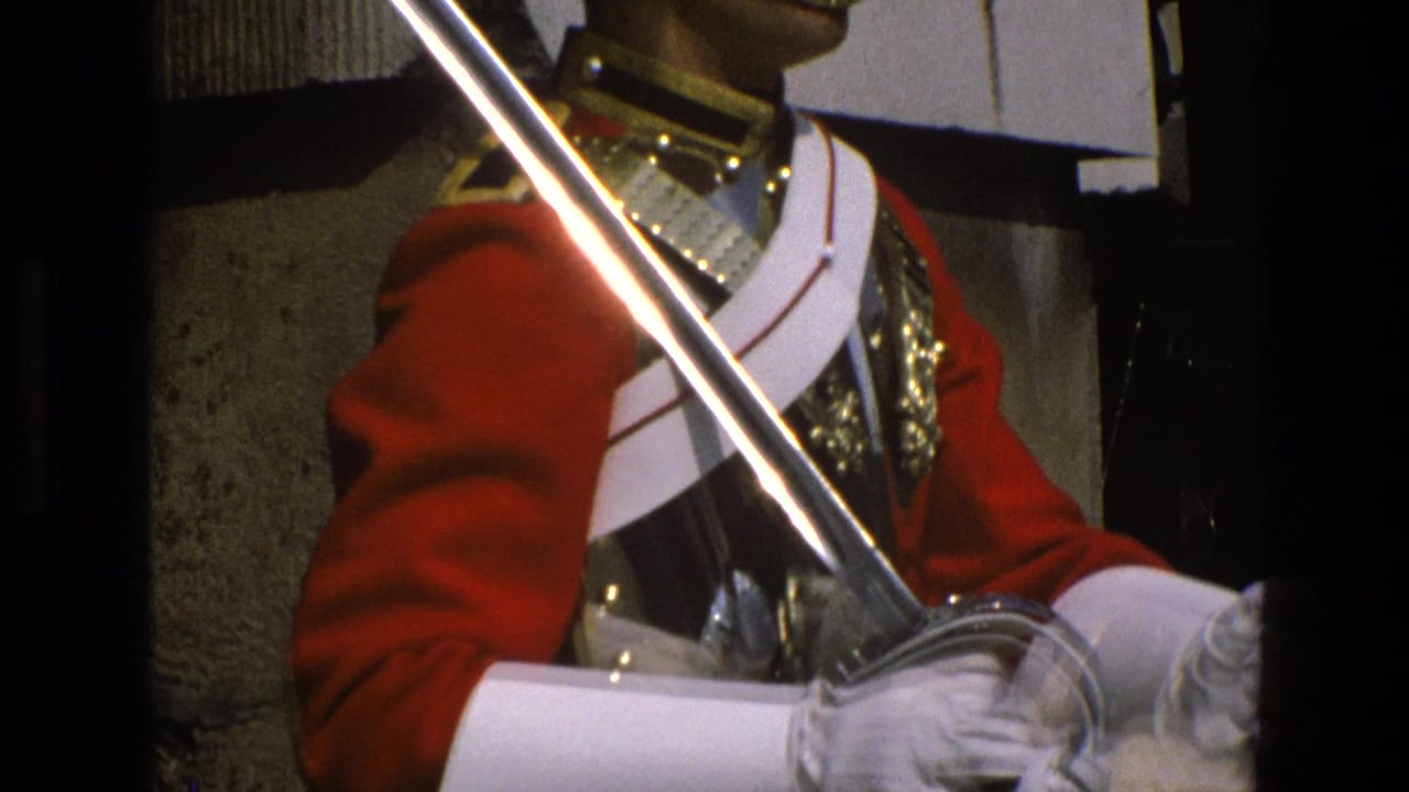 Close view of a ceremonial guard in red tunic holding a saber across white gloves.