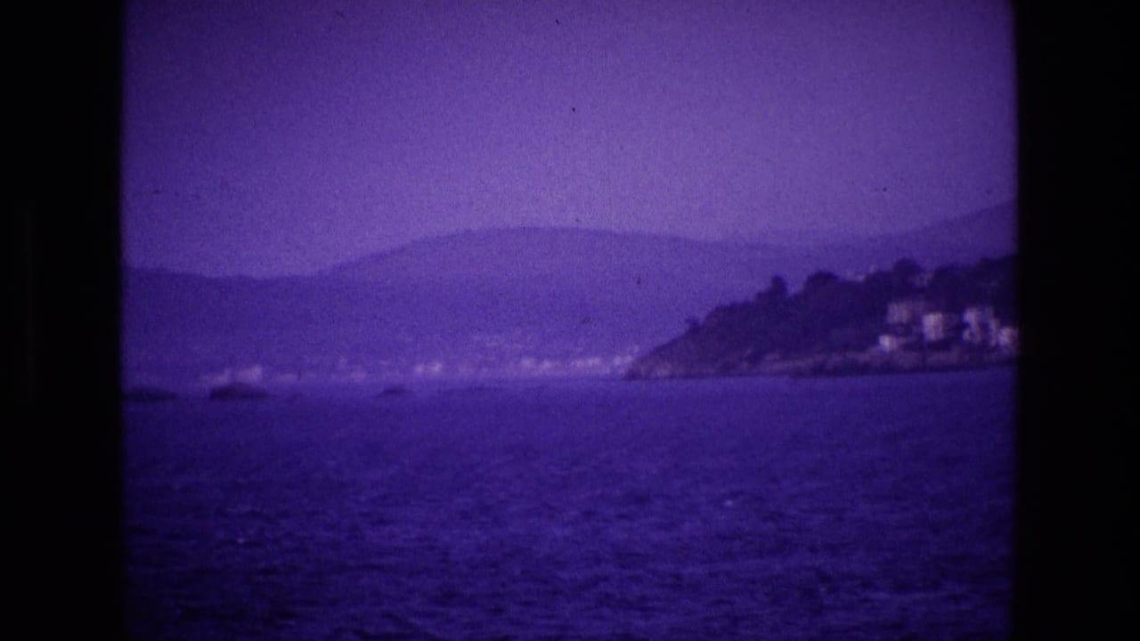 Purple-tinted coastal view across water toward hills and a distant shoreline.