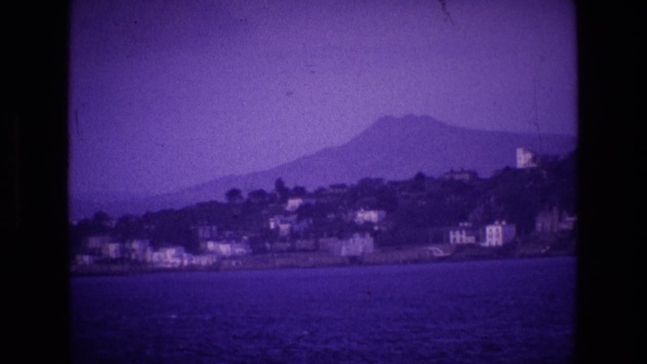 Purple-tinted coastal view with water, shoreline buildings, hillside, and mountains in the distance.