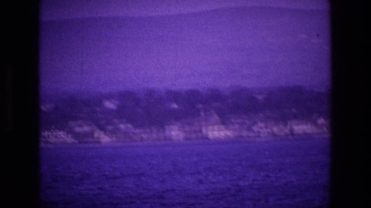 Purple-tinted coastal shoreline seen across open water from a boat.