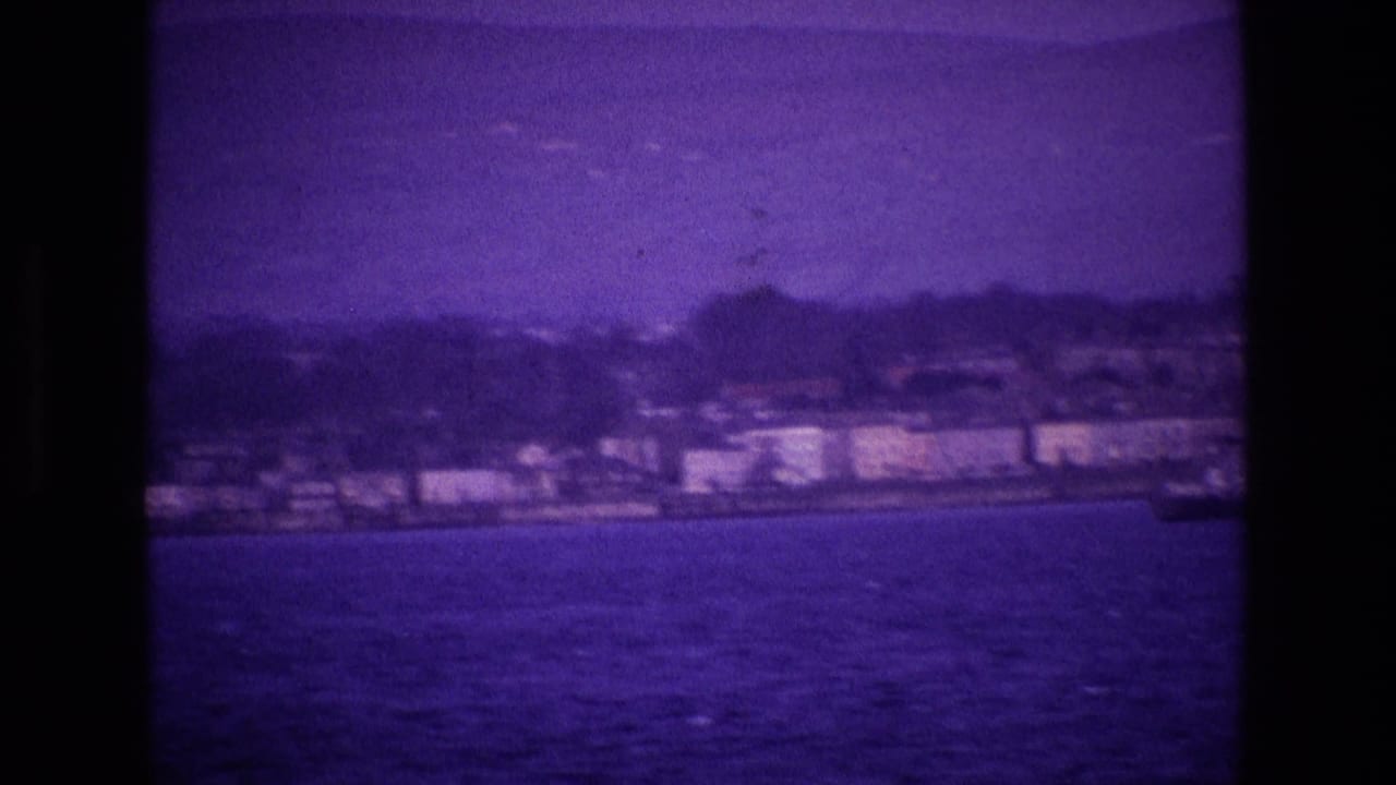 Distant waterfront buildings and shoreline beyond choppy water.
