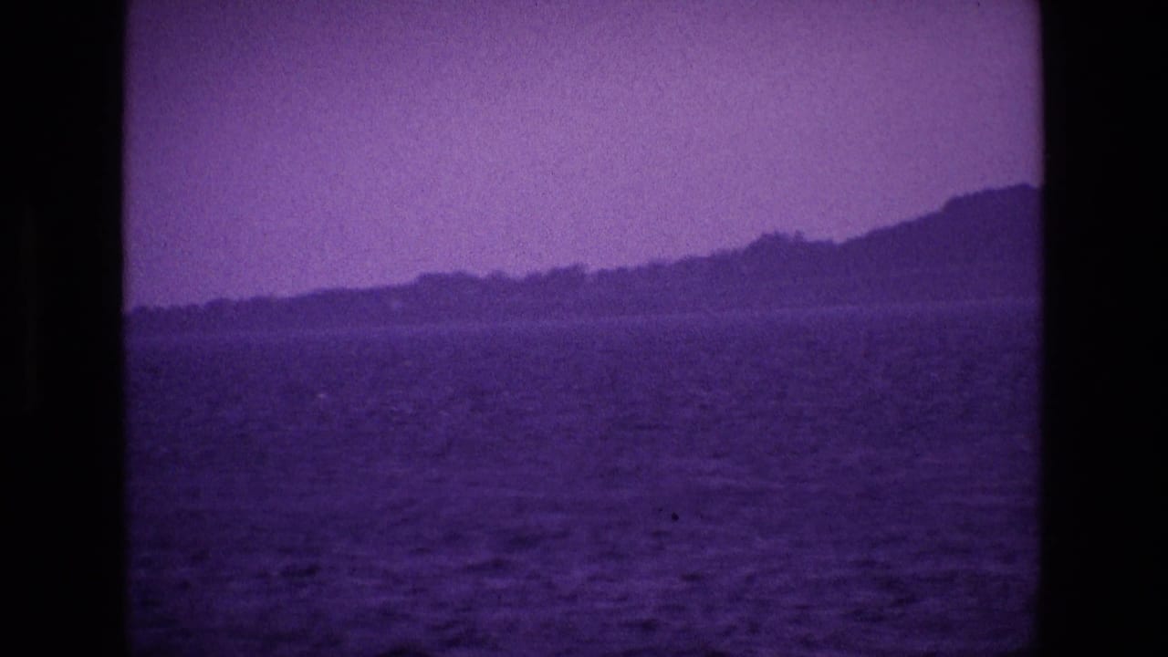 Distant hilly shoreline across water, framed by dark film edges and purple tint.