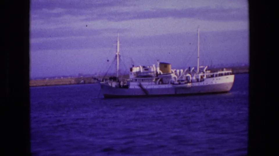 White vessel on Irish harbor water in a purple-tinted 8mm frame, with a distant wall and bright sky behind it.