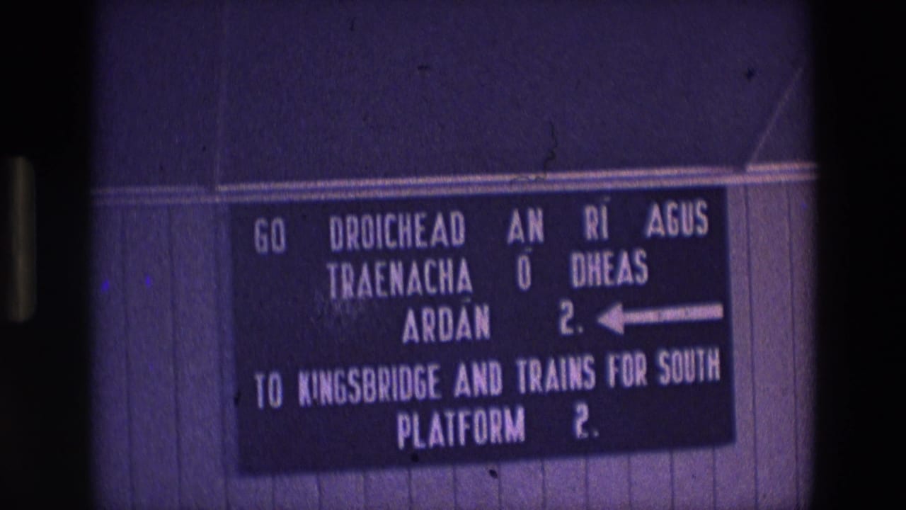 Station sign with Irish and English text, arrow, and Platform 2 direction.