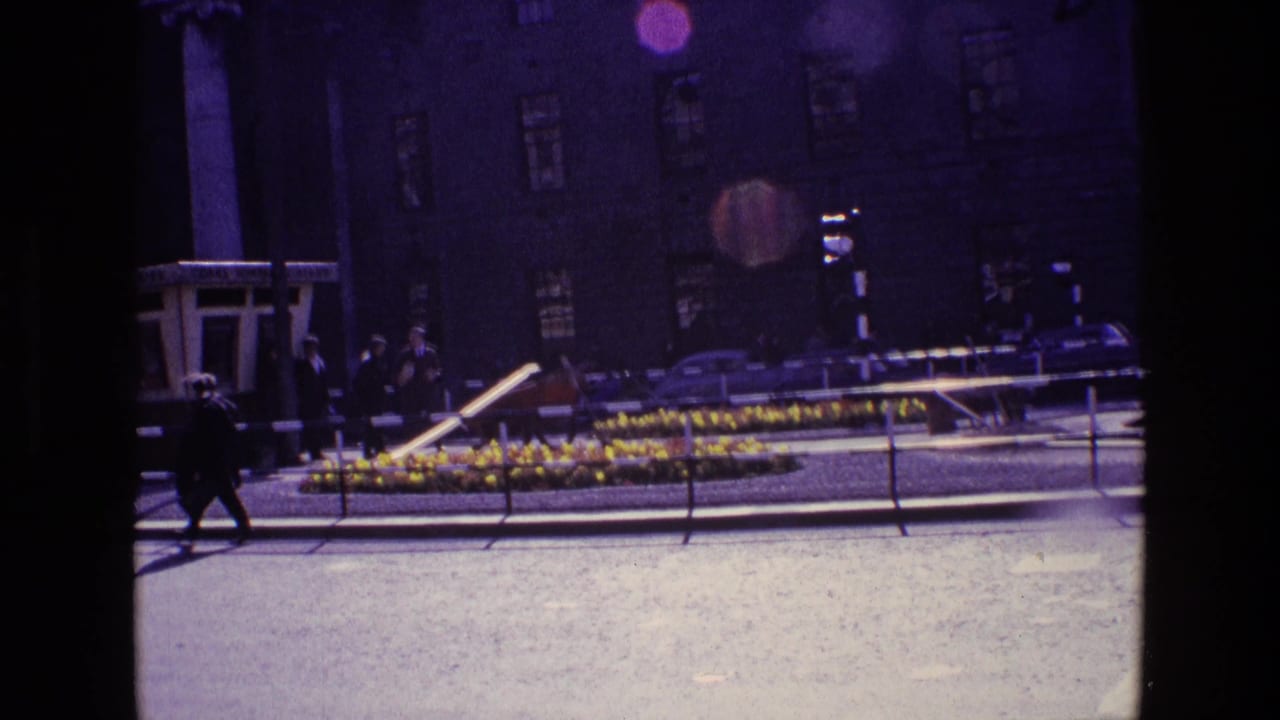1969 Ireland street view with pedestrians near a flower-lined median, traffic signals, railings, and a dark building facade behind them.