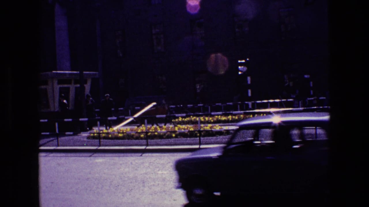 Dark car passes in front of a flower median and pedestrians on a city street.