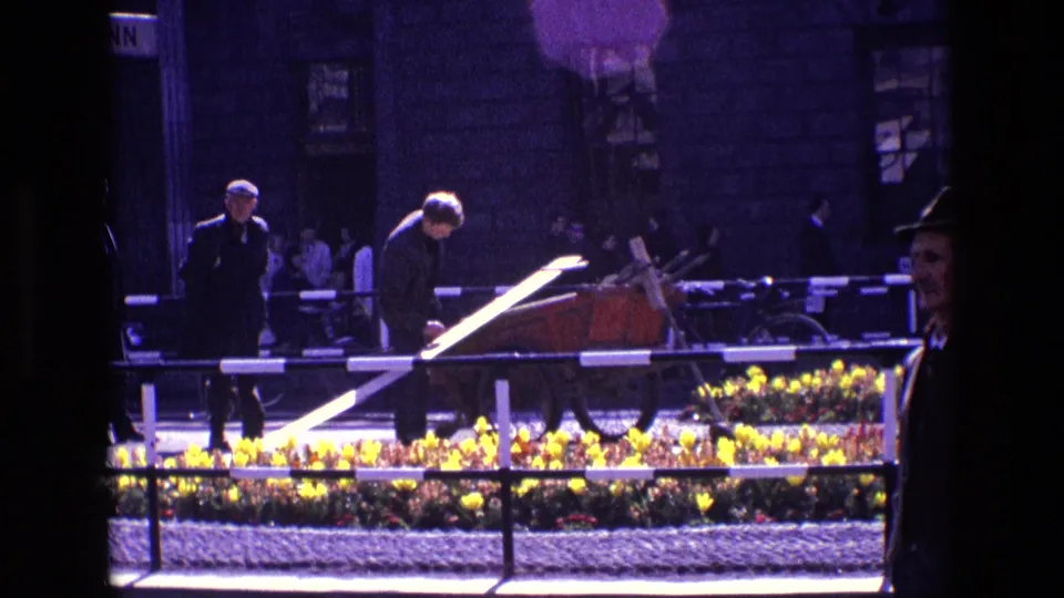 1969 Ireland street footage with a man pushing a cart beside a yellow flower median, railings, pedestrians, and dark city buildings.