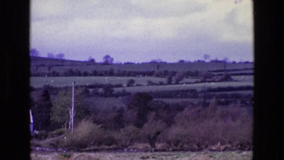 1969 Ireland countryside view with layered fields, hedgerows, trees, brush, and utility poles seen through a soft 8mm scan.