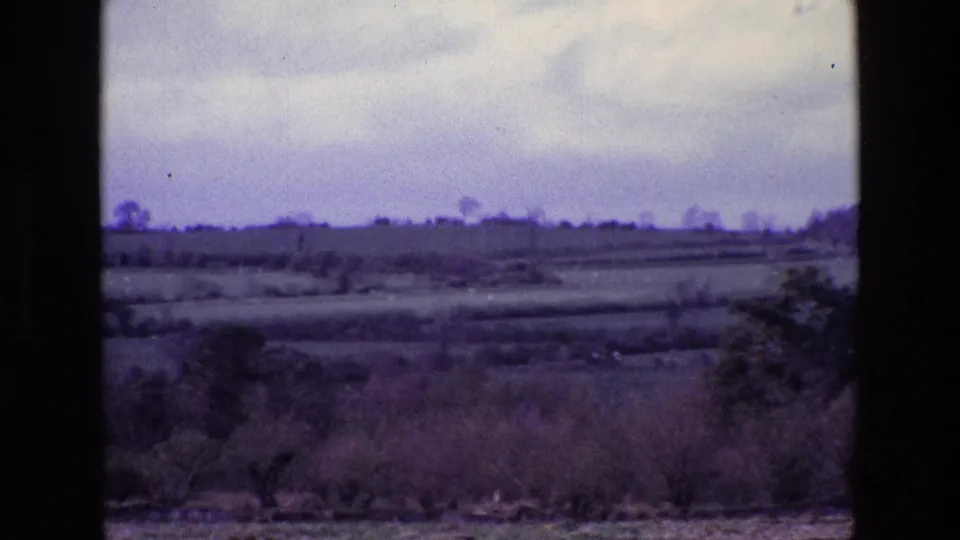 1969 Ireland rural landscape frame showing field divisions, distant trees, foreground brush, and an overcast sky during a handheld pan.