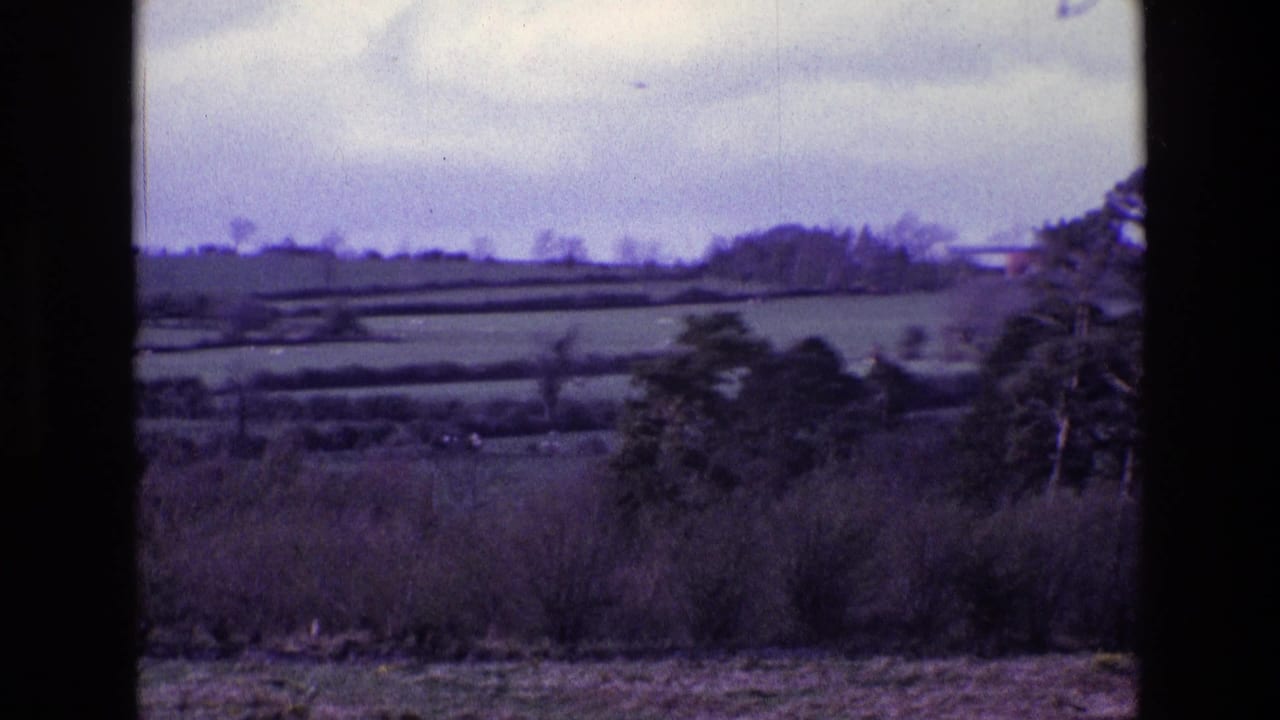 1969 Ireland countryside view with green fields, hedgerows, distant trees, and a dark vertical frame edge.
