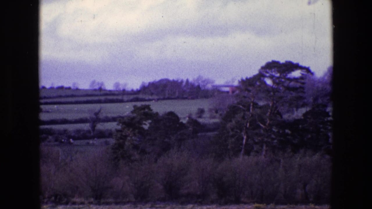 1969 Ireland landscape with layered fields, hedgerows, scattered trees, and a dark window-like border in front.