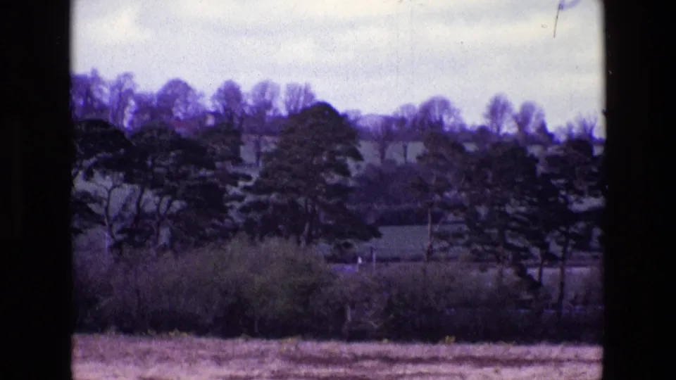 1969 Ireland 8mm landscape frame with pale foreground grass, dark winter trees, hedgerows, and distant hills.