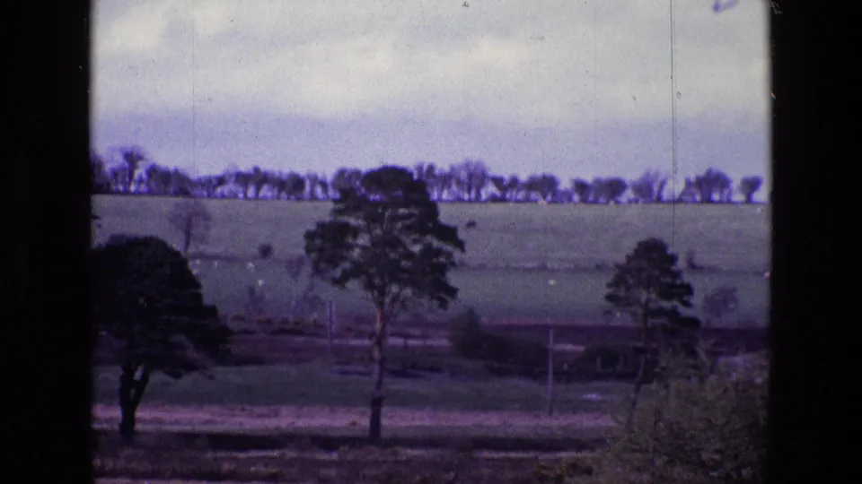 1969 Ireland 8mm frame of open farmland, scattered trees, and a tree-lined ridge beneath a pale cloudy sky.