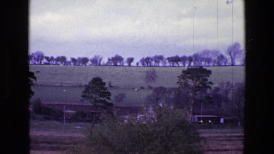 1969 Ireland countryside frame with green fields, a distant tree line, foreground shrubs, utility poles, and a small dark rural building.