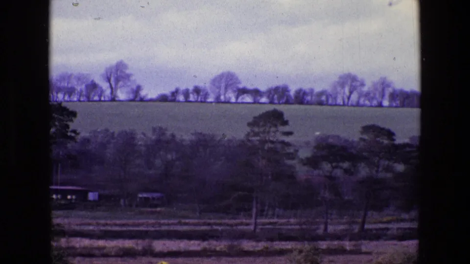 1969 8mm view of rural Ireland with green fields, distant bare trees, darker foreground trees, and an overcast sky.