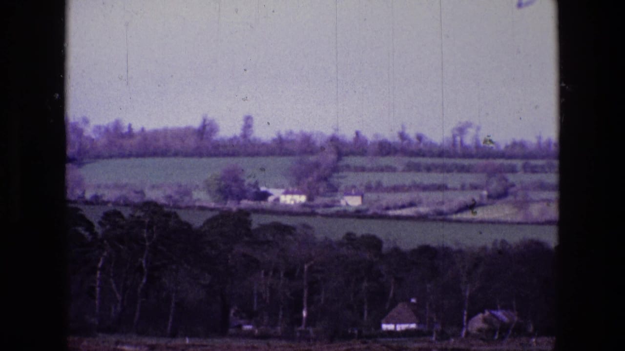 Soft rural view of green fields, hedgerows, trees, and distant white buildings.