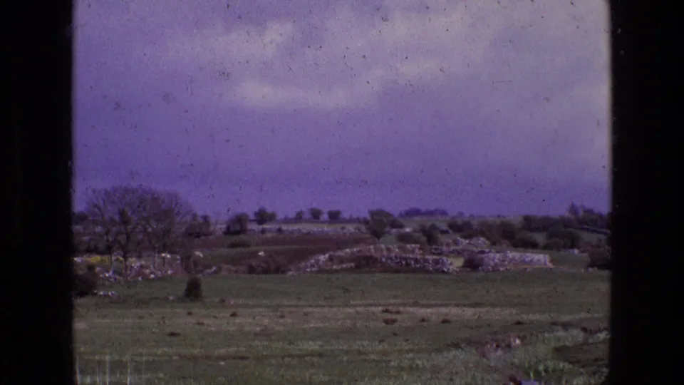 1969 Ireland home-movie view of rolling fields, a bare tree, low stone walls, and cloudy purple sky.