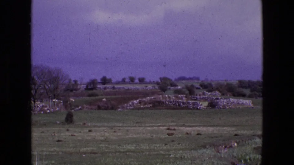 1969 Ireland countryside frame with green field, stone-wall divisions, distant trees, and visible 8mm grain.