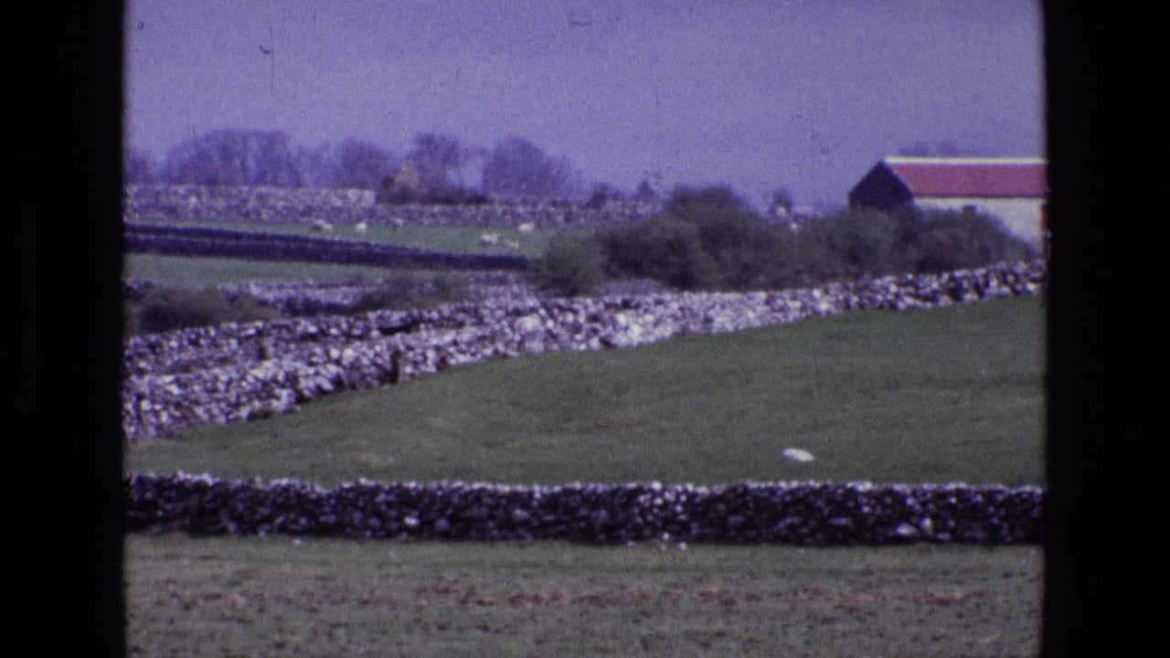 1969 8mm view of rural Ireland with green fields, dry-stone walls, distant trees, and a red-roofed farm structure.
