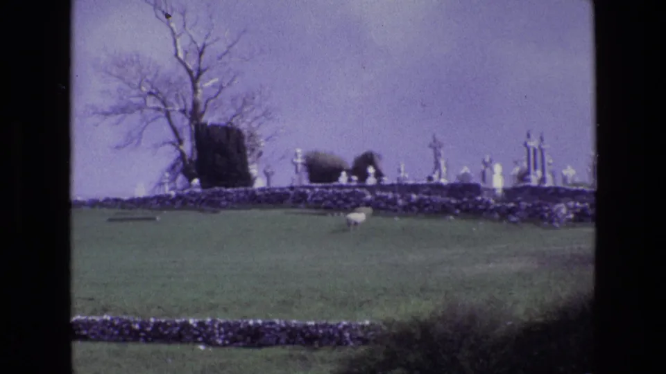 A rural Irish hilltop cemetery appears beyond a green field, with stone walls, grave markers, and a lone grazing sheep.