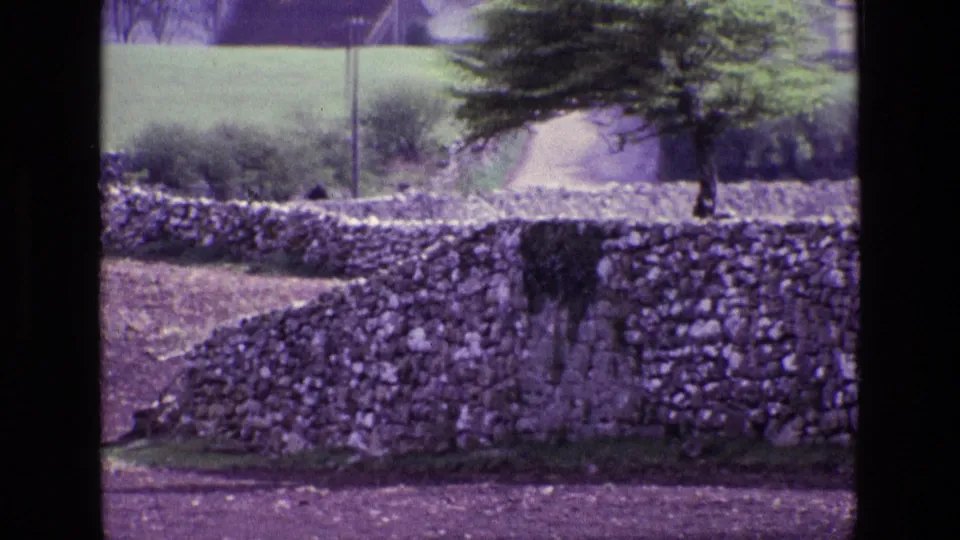 1969 Ireland frame with curving dry-stone walls, pasture, hedgerow, a pole, and a distant rural building.