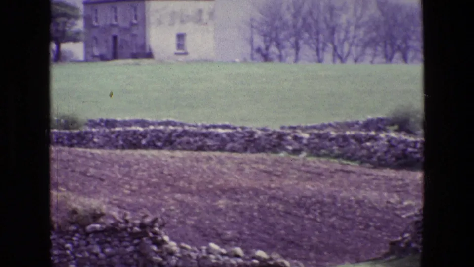 1969 Ireland frame showing a dry-stone wall, open rural fields, leafless trees, and a pale distant building.