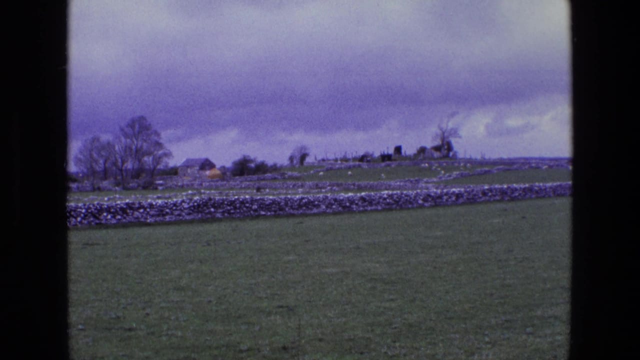 A 1969 Irish rural landscape shows pasture, low stone walls, bare trees, and distant farm-like structures beneath cloud cover.