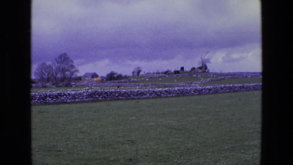 A 1969 Irish rural landscape shows pasture, low stone walls, bare trees, and distant farm-like structures beneath cloud cover.