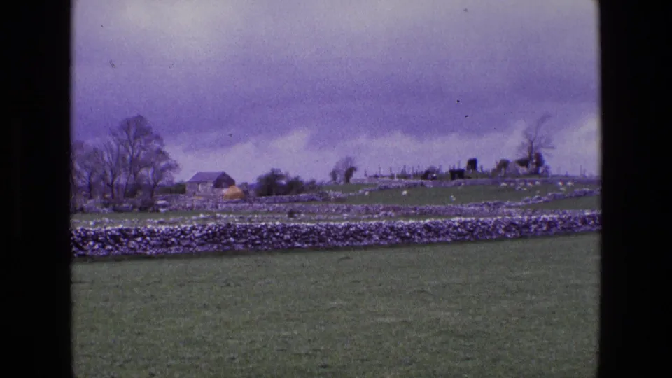 1969 Ireland 8mm view of pasture and dry-stone wall, with scattered sheep, distant trees, small farm buildings, and heavy cloud cover.
