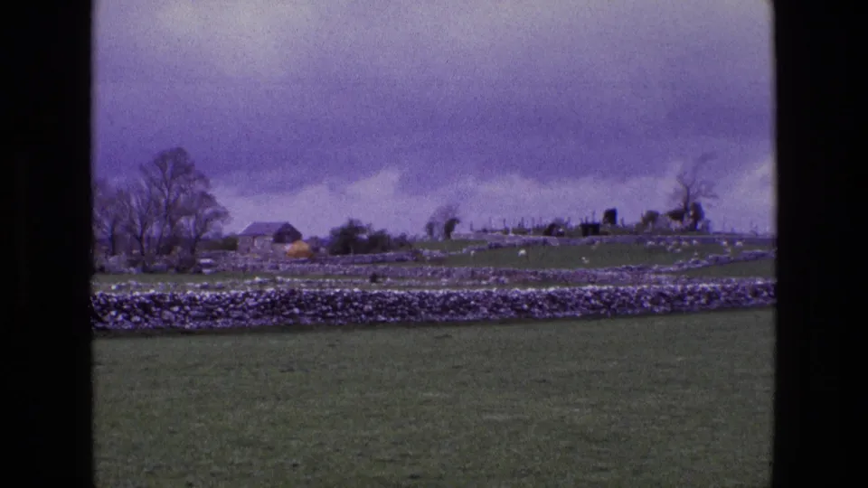 1969 Ireland home-movie frame showing a long dry-stone wall across green pasture, with distant farm buildings, trees, and cloudy sky.