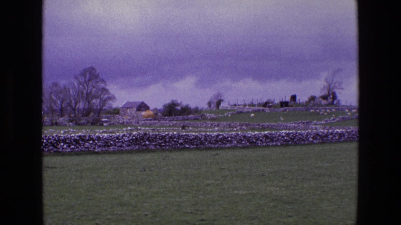 Green Irish fields divided by stone walls with distant buildings, trees, and cemetery monuments under a cloudy sky.