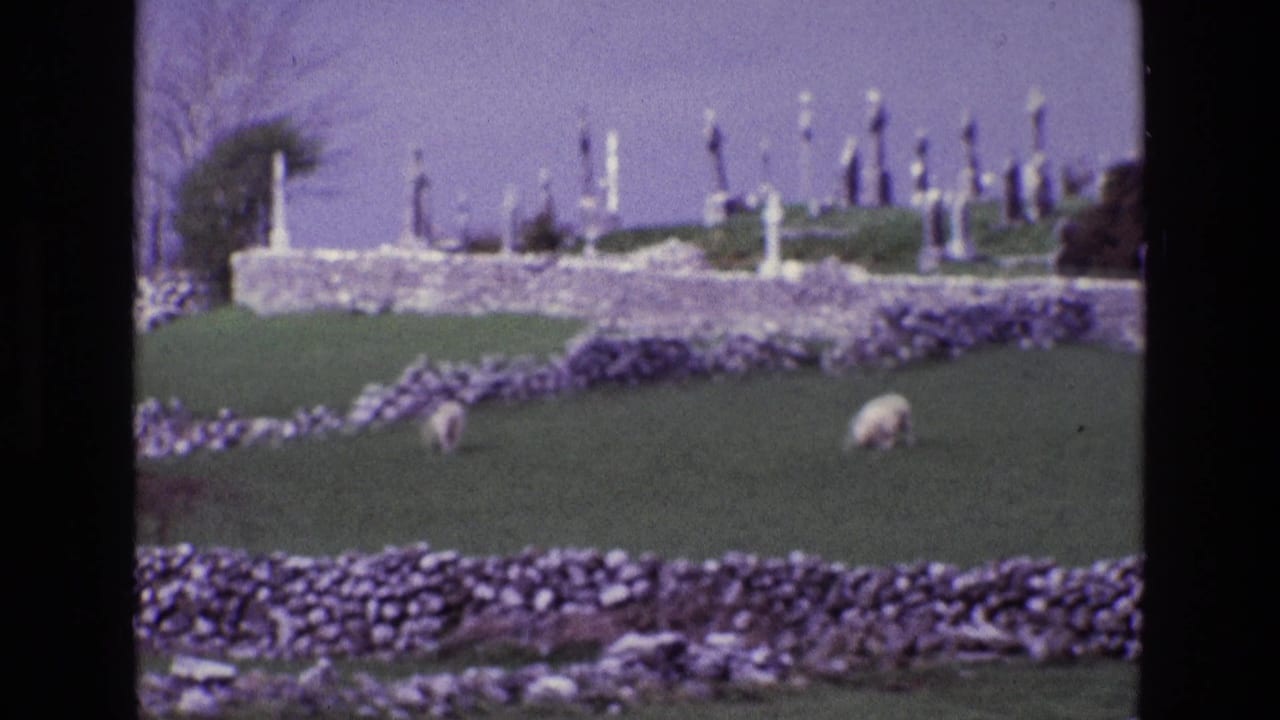 Rural Ireland frame with sheep in green pasture, stacked stone walls, and a hilltop graveyard under a purple-tinted sky.