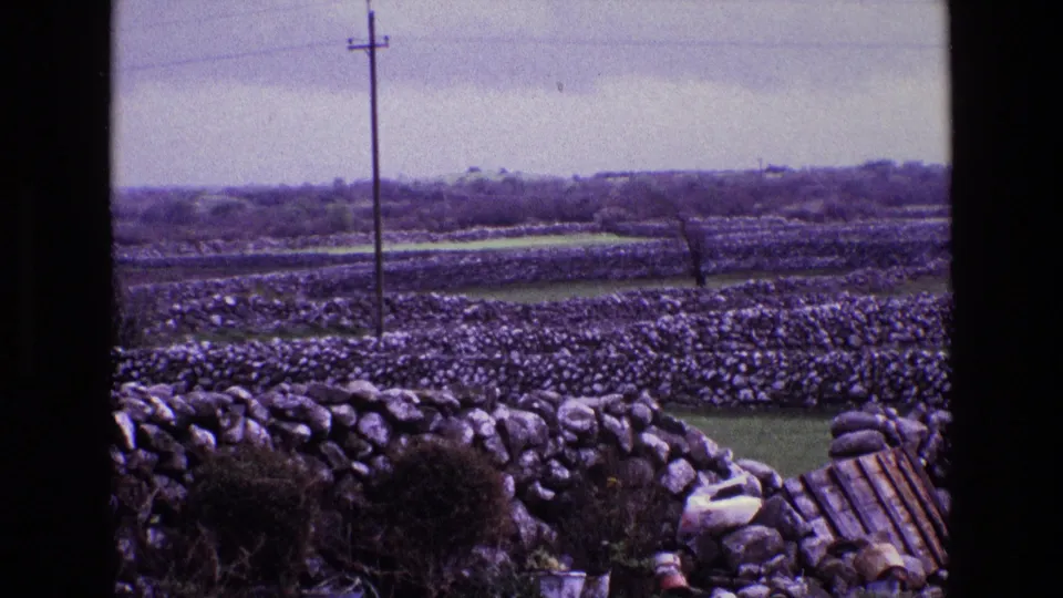 1969 Ireland 8mm view looking over dry-stone walls and a utility pole toward layered fields and distant trees.