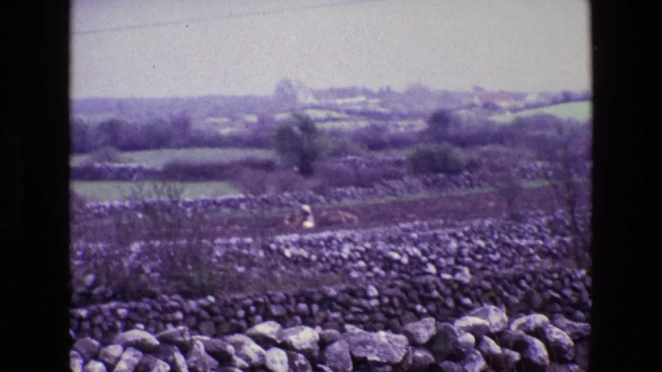 Purple-tinted 1969 8mm frame of rural Ireland, with patchwork fields, stacked stone walls, scattered shrubs, and distant slopes.