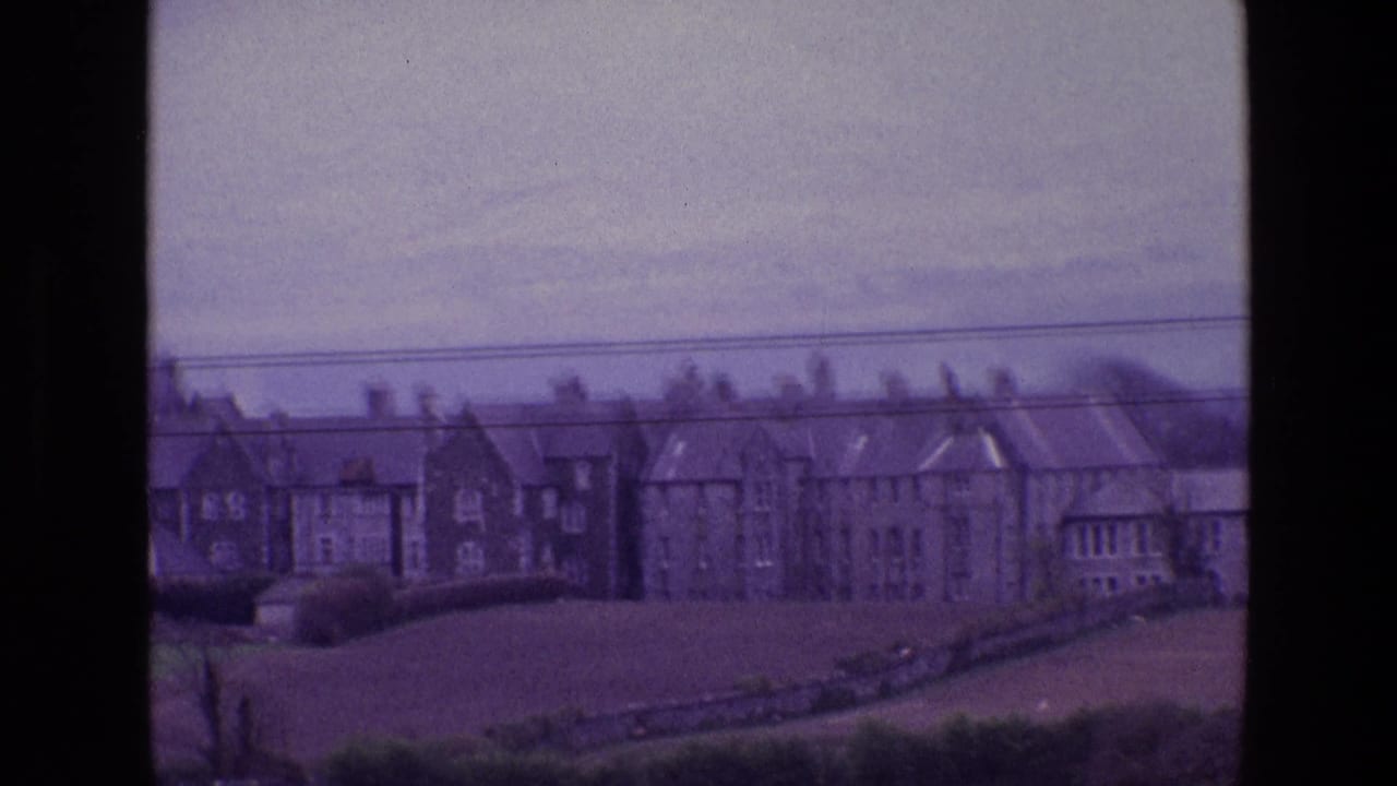 Distant houses above a pasture with hedges, fencing, and overhead wires.