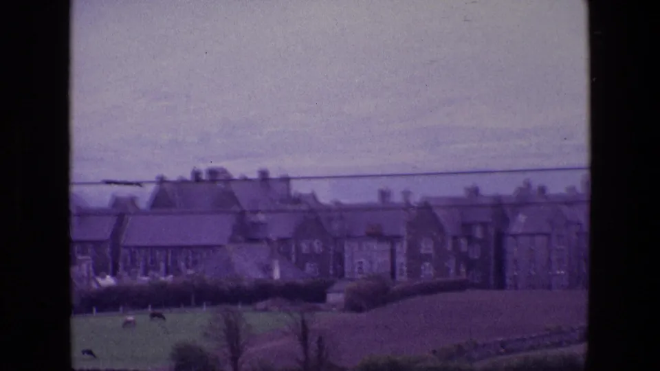 1969 Ireland home-movie frame with grazing cows in green pasture below distant houses and overhead wires.