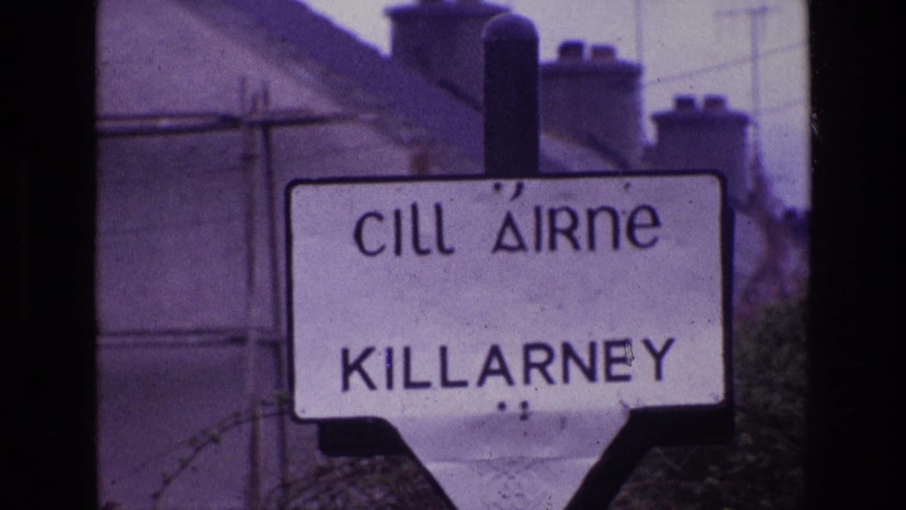Bilingual Killarney road sign in front of rooftops and chimneys.