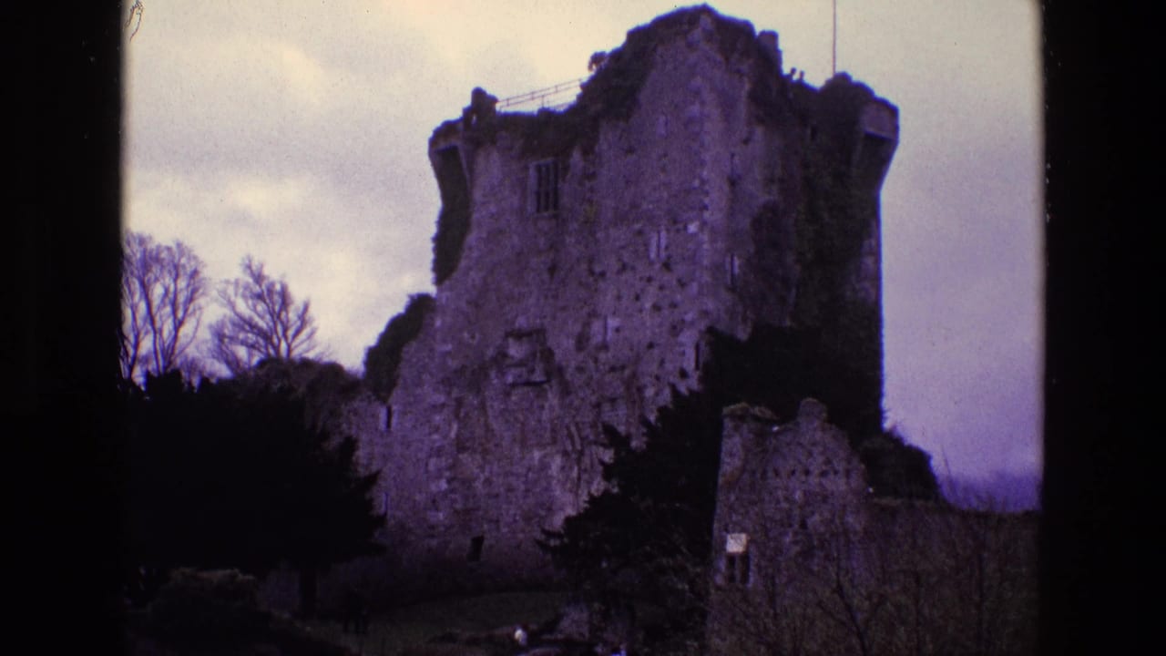 Stone castle ruin with ivy, bare trees, cloudy sky, and dark 8mm frame borders.